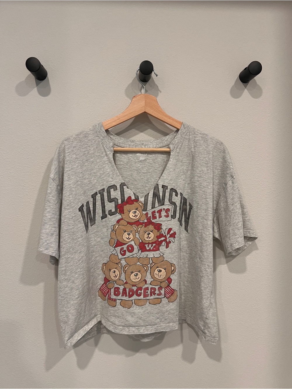 Hollister Gray Wisconsin Bear Stack Graphic Tee with Red Accents